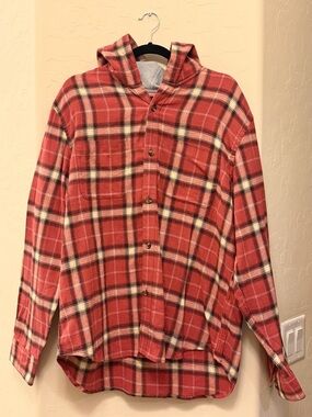 Old Navy-Red Plaid Hooded Flannel Shirt